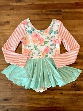 Cheeky Plum Girls Long Sleeve Knit Skirted Farrah Leotard 6 Peachy Keen Floral